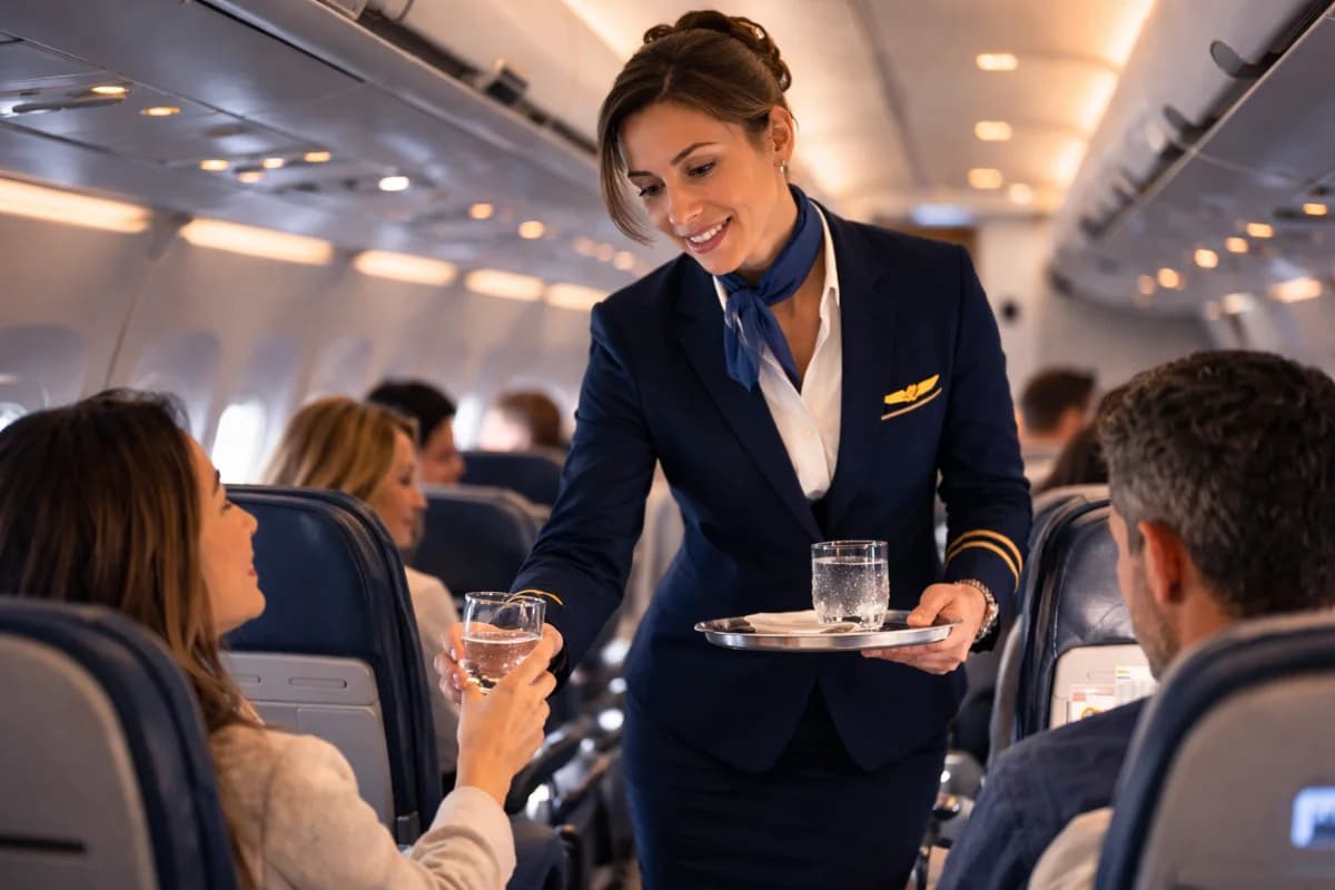 Cena de um comissário de bordo em uniforme formal, dentro de uma cabine de avião moderna, interagindo com passageiros. A iluminação é suave e acolhedora, com um estilo visual realista e detalhado. Enquadramento horizontal 16:9, sem textos ou logotipos visíveis.